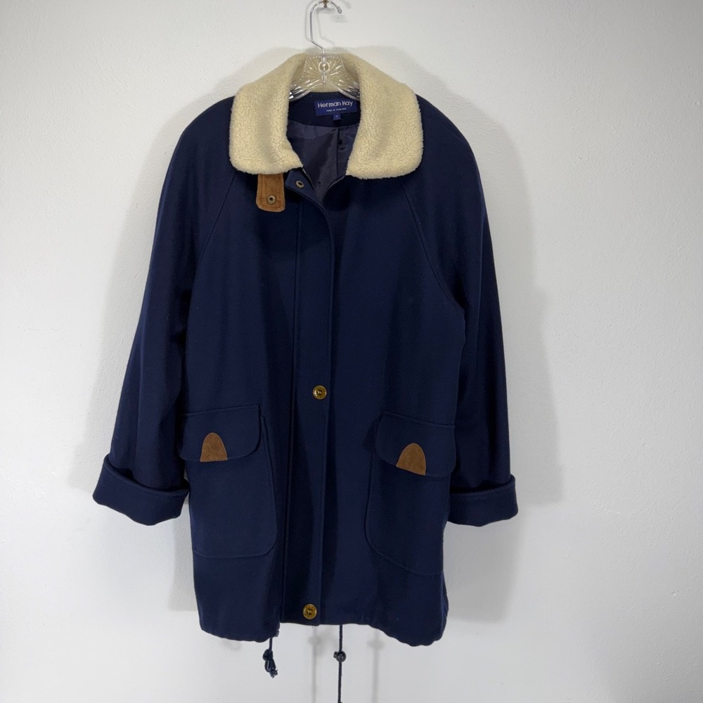 Herman Kay Womens Vintage Navy Blue Wool Blend Barn Coat Jacket Size 12